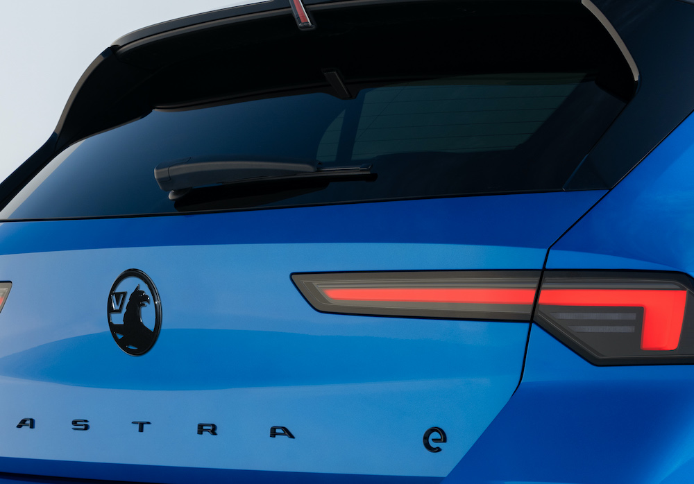 Vauxhall Astra Electric, close up of rear and badge, blue